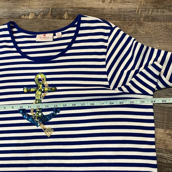 Quacker Factory Blue Stripe Sequin Anchor T-shirt Nautical Sailor Sz XL Cruise - Picture 11 of 13